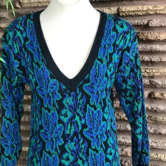 Vintage 80s 90s IVY V Neck Knit Sweater Dress Blue and Black - Picture 2 of 5
